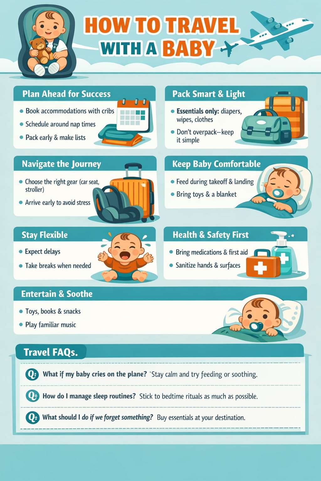 How to travel with a baby infographic with packing and travel tips