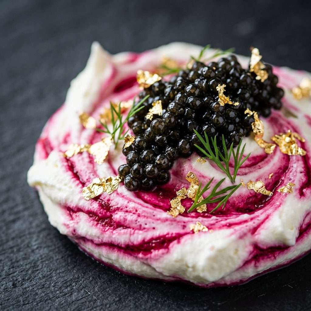 Macro close-up of caviar and beetroot swirls on a cheese canvas