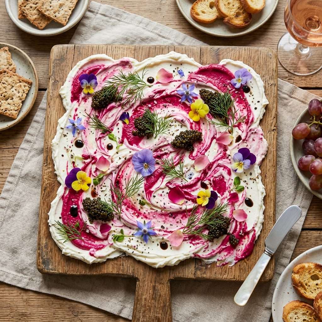 A beautiful edible canvas cheeseboard with beetroot swirls and caviar for Mother's Day