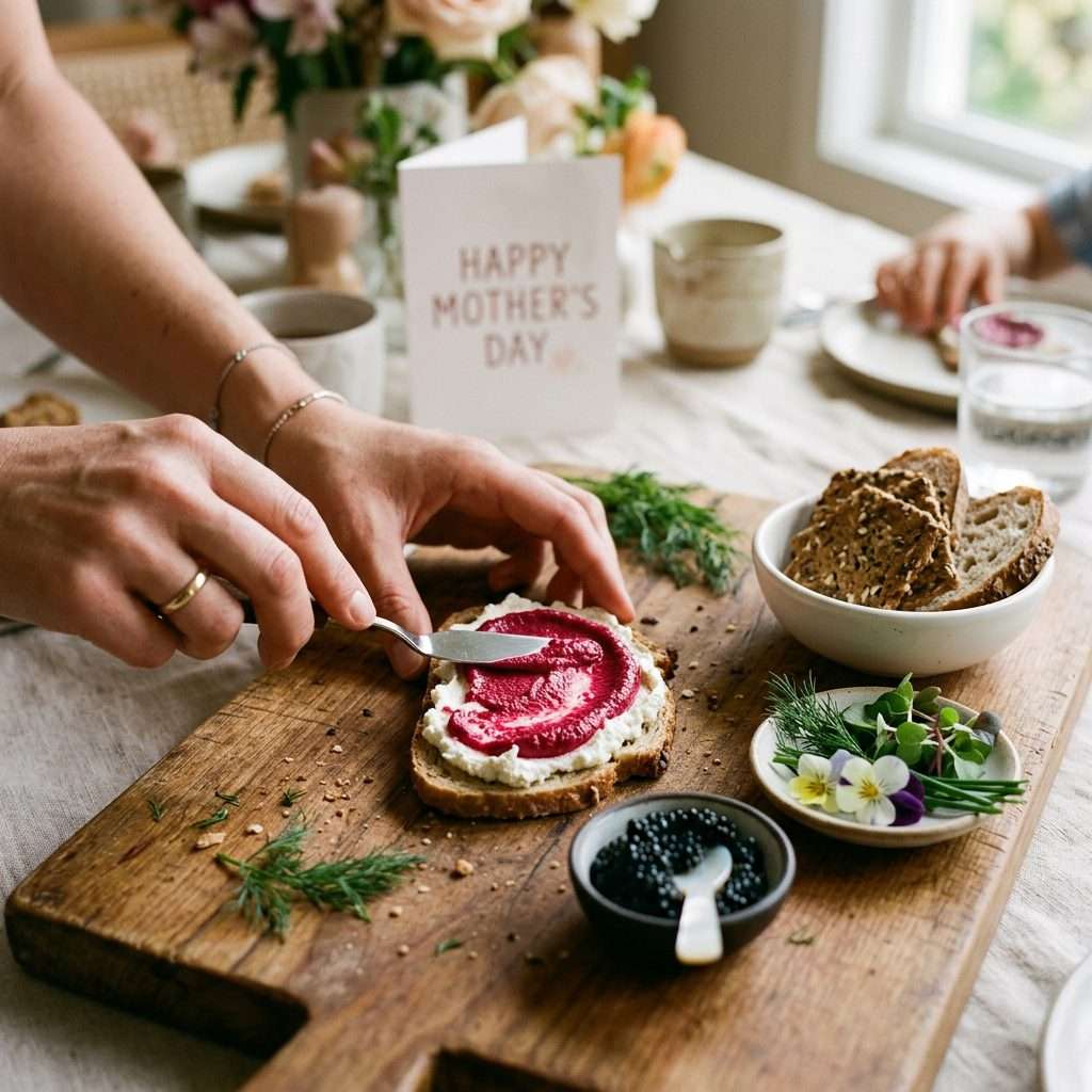 A mom spreading beetroot purée on a cheese base to create an edible canvas