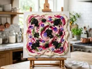A white standing canvas board on an easel with whipped cheese, beetroot swirls, and caviar