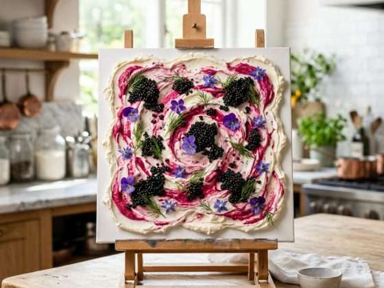 A white standing canvas board on an easel with whipped cheese, beetroot swirls, and caviar