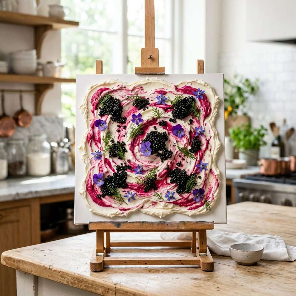 A canvas cheese board on an easel with whipped cheese, beetroot swirls, and caviar