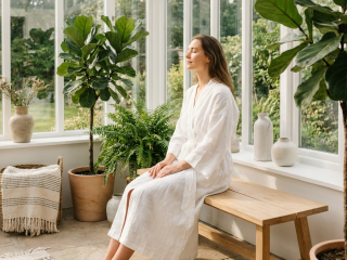 A serene woman in a white robe practicing mindfulness in a sun-lit room
