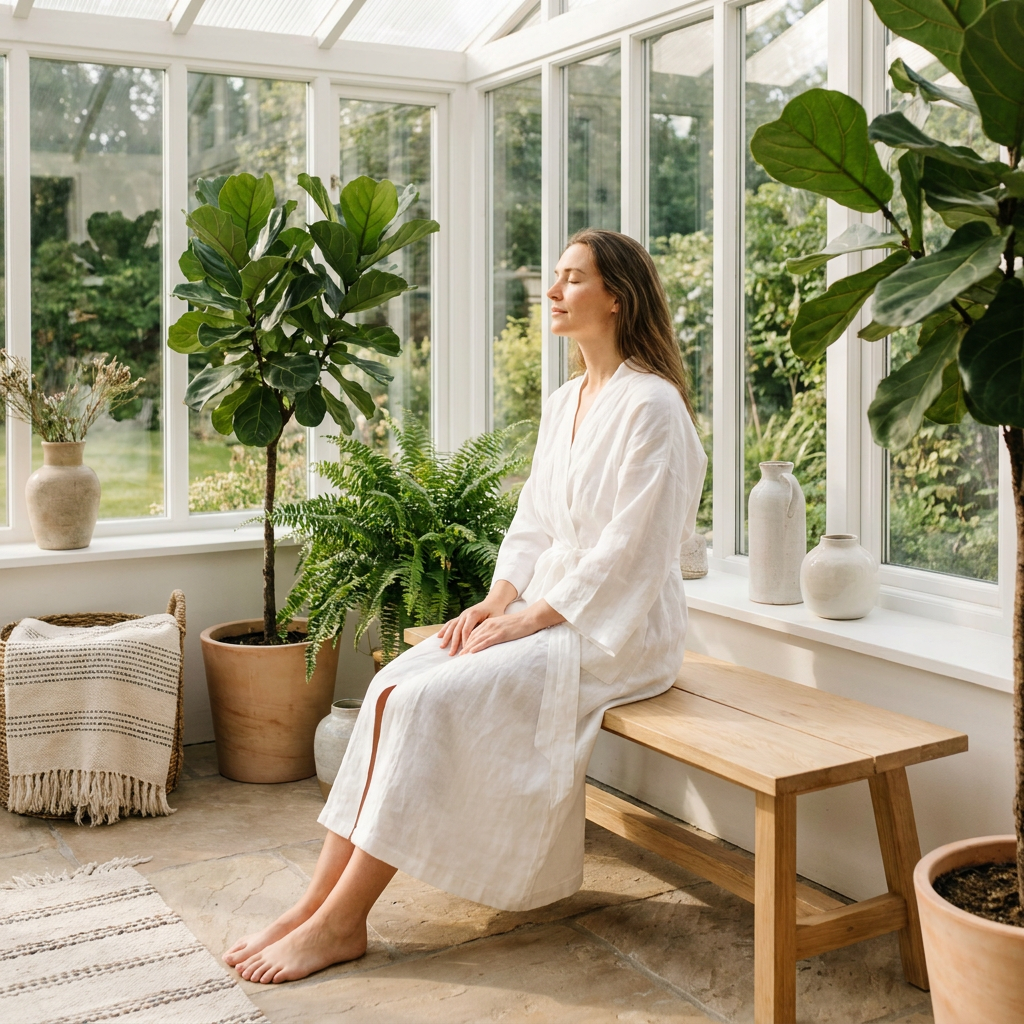 A serene woman in a white robe practicing mindfulness in a sun-lit room