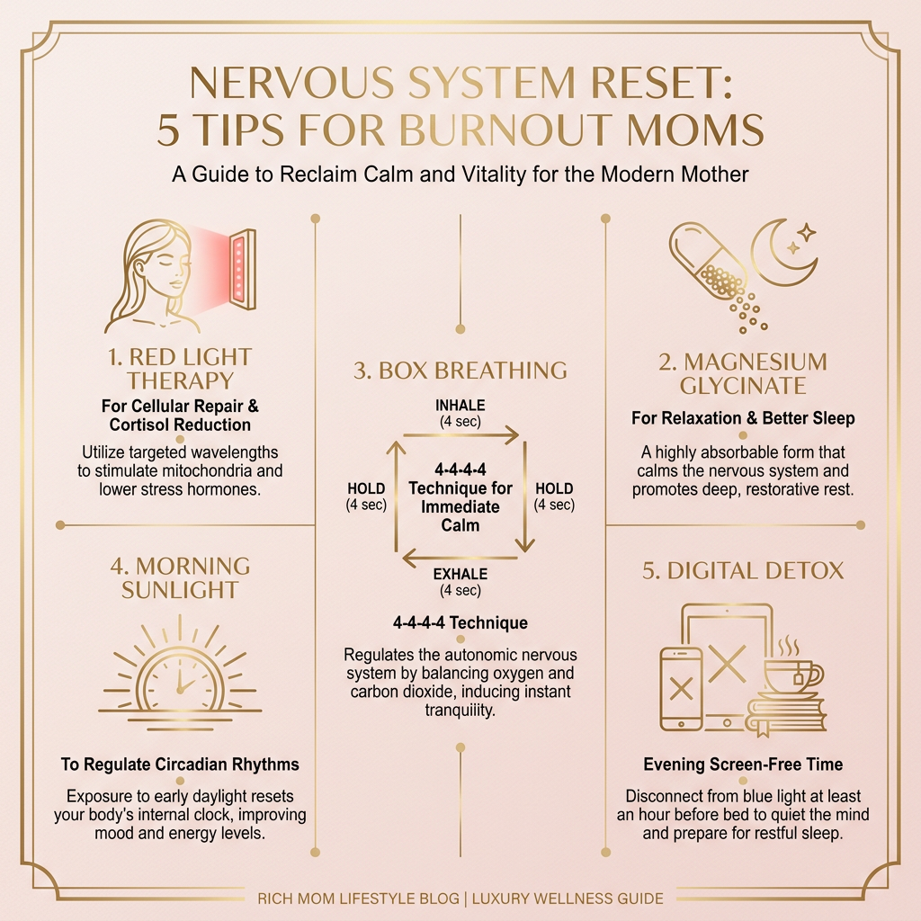 Infographic with 5 tips for burnout moms to reset their nervous system including red light therapy and magnesium glycinate
