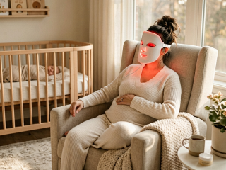 A mother using a red light therapy mask for postpartum anxiety