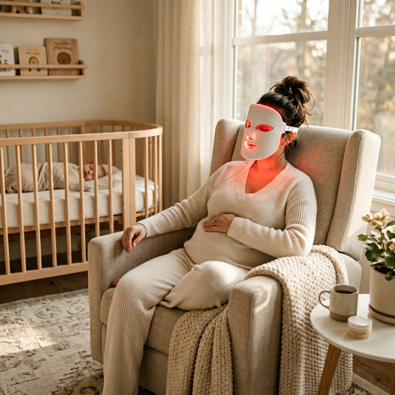 A mother using a red light therapy mask for postpartum anxiety
