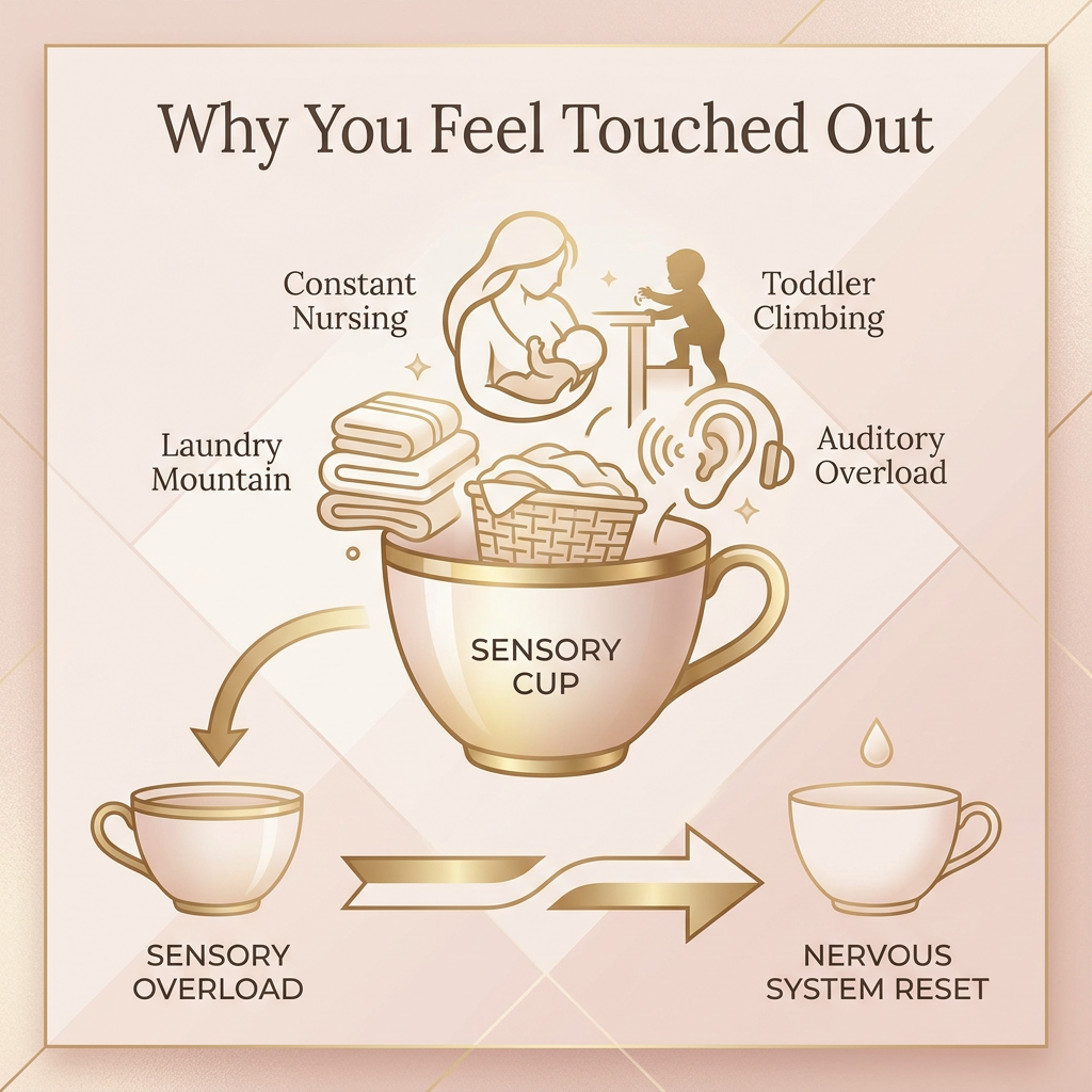 Infographic explaining the touched out feeling for moms using the sensory cup analogy