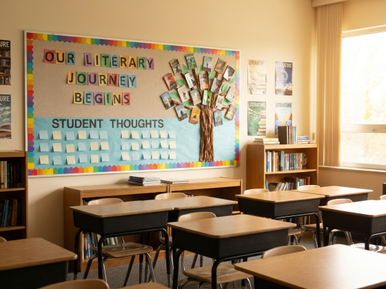 High school English classroom with a creative back to school bulletin board display