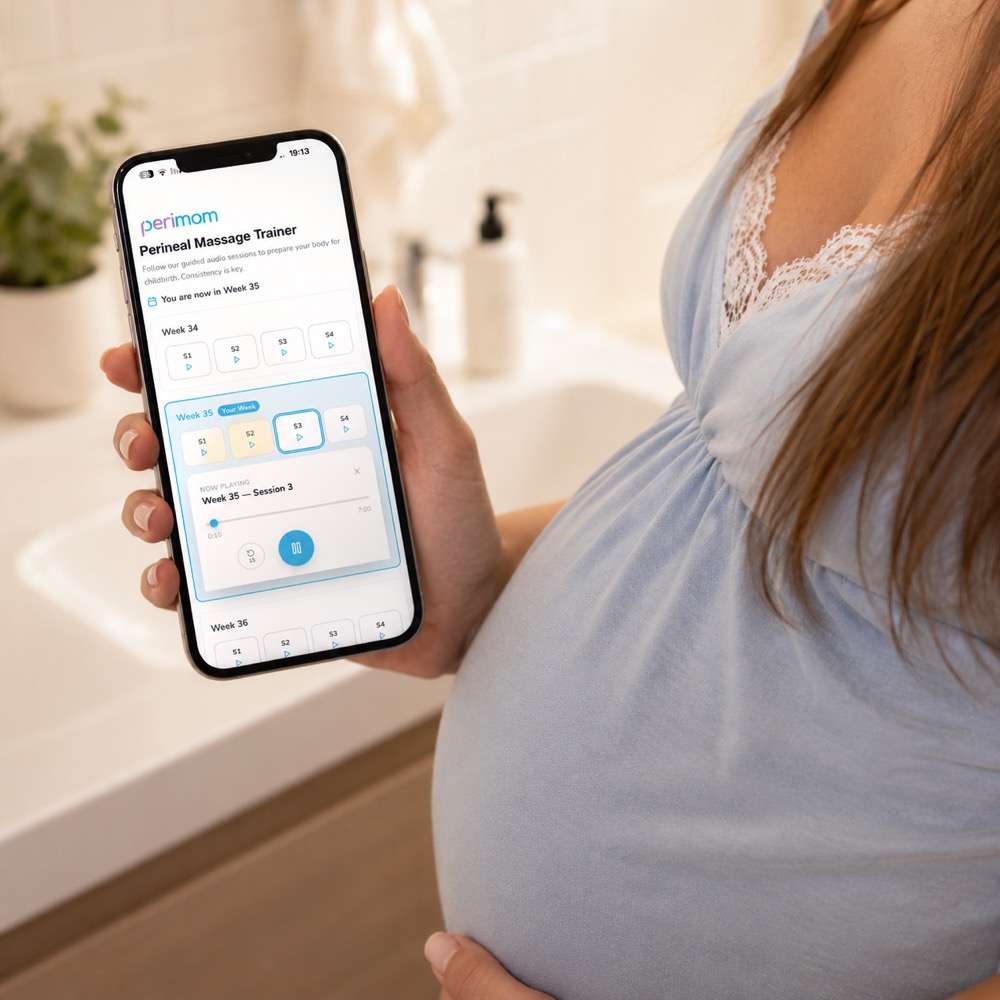 Perimom Perineal Massage Trainer app showing weekly guided sessions