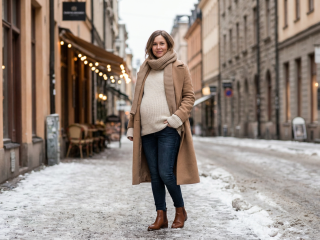 Pregnant woman wearing winter maternity jeans oversized sweater long coat scarf and boots